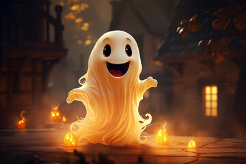 Cute funny happy fantasy smiling animated ghosts. disembodied and otherworldly beings, fear, world of living and dead, legends and mysteries, remnants of departed souls, pumpkin autumn.