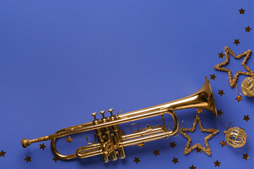 Poster - Trumpet with Christmas decorations on purple background