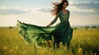 © Boraryn - Stunning woman in green fluttering dress walking in green field