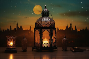 Wall Mural - An islamic lantern with bokeh lights in the background for Adha and Fitr Eid.