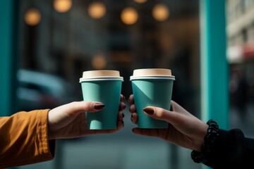 Wall Mural - Close-up of two woman clinking a white coffee cup in a coffee shop. while talking at work