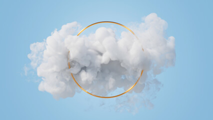 3d render, abstract geometric background. Blank round frame. Golden circle inside the white cloud, floating mystic vapor, futuristic minimalist wallpaper