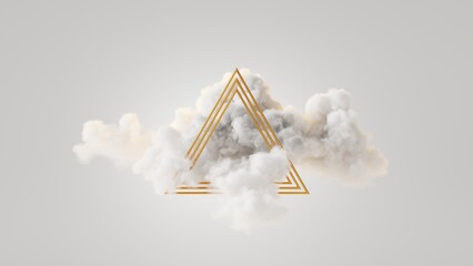 Wall Mural - 3d render, abstract fantasy background of white cloud and golden triangle, minimalist wallpaper. geo