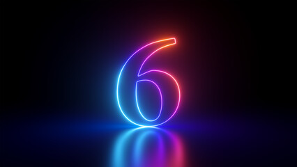 Wall Mural - 3d render, abstract linear neon number six, glowing digit isolated on black background