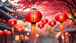 red lanterns in chinese temple,Chinese oriental watercolor background with traditional paper lanterns created with generative ai	
