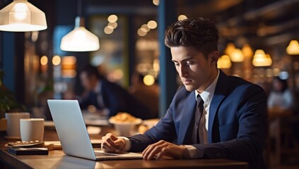 Wall Mural - Corporate Connection: Businessman with Laptop in Cafe