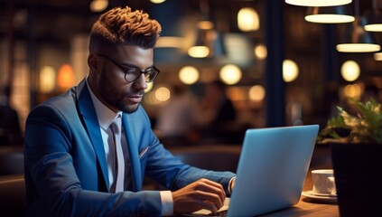 Wall Mural - Business on the Go: Man Working on Laptop in Cafe