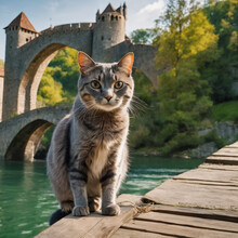 Cat In Front Of Medieval Bridge On The Green River