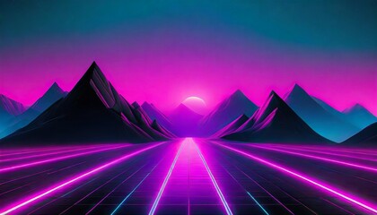 Wall Mural - Synthwave retro cyberpunk style landscape background banner or wallpaper. 