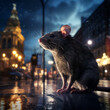 a rat on an evening city street against the backdrop of buildings. Rat infestation and rodent control concept. 