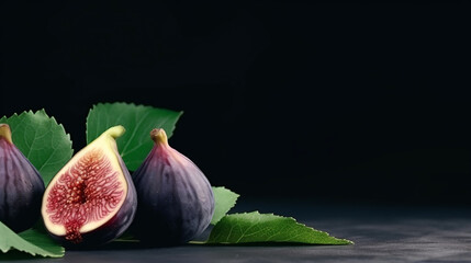 Wall Mural - Fresh ripe figs with green leaf and on dark table black background. Mediterranean fig. generative ai