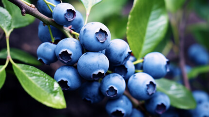 Canvas Print - Ripe blueberries (bilberry) on a blueberry bush on a nature background. generative ai