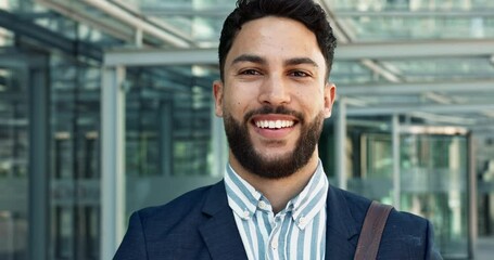 Poster - Smile, face and young businessman in the city with positive, good and confident attitude for legal career. Happy, pride and portrait of professional male lawyer or attorney from Mexico in urban town.