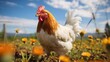 a large chicken stands in a meadow full of daisies