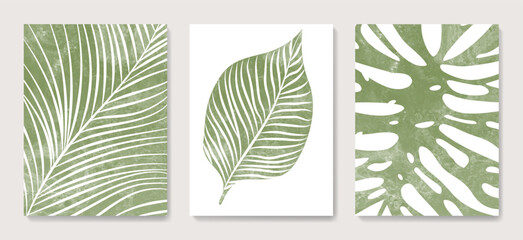 Wall Mural - abstract art background with tropical leaves with watercolor texture. botanical set of posters with 