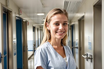 Wall Mural - medical professional student in a hospital hallway wearing scrubs and smiling for portrait