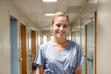 Wall Mural - medical professional student in a hospital hallway wearing scrubs and smiling for portrait