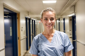 Wall Mural - medical professional student in a hospital hallway wearing scrubs and smiling for portrait