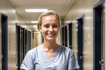 Wall Mural - medical professional student in a hospital hallway wearing scrubs and smiling for portrait