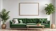 modern living room with velvet green sofa ,interior wall mockup wall tones with ,with plants,mockup big frame of wall  ,green theme ,3d rending 