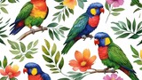 Fototapeta Sypialnia - water colour seamless pattern parrot on a branch on white background, For surface design, fabric, textile, card, background, wallpaper