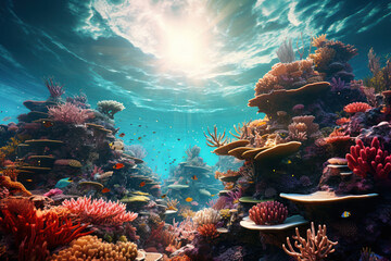 Wall Mural - A coral reef ecosystem thriving with a myriad of marine life, exemplifying the symbiotic relationships between different species beneath the ocean surface. Generative Ai.