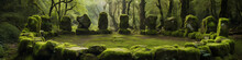 An Ancient, Moss-covered Stone Circle Surrounded By Lush Greenery, Symbolizing The Enduring Connection Between Earth And Time Inside A Glass Globe. Copy Space.