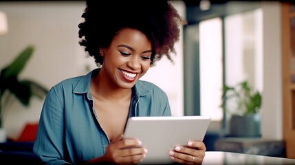 Poster - happy business african american woman using tablet in office