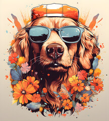 Sticker - An illustration of a dog wearing sunglasses and spring flowers, dressed in hipster style for a music festival,