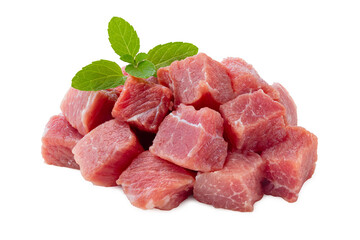 pile of fresh pork cubes isolated on white background.