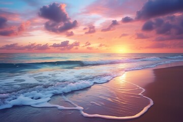 Sticker - A tranquil beach scene at sunrise with calm waves and a colorful sky.