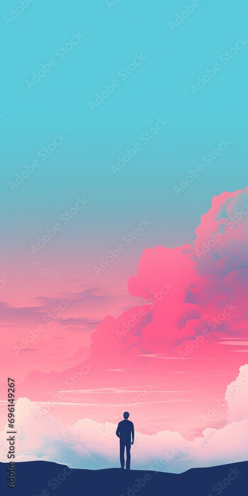 Silhouette of a man standing on top of a hill and looking at the sunset ...