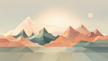 Wall Mural - Abstract minimal illustration of a serene mountain landscape with geometric shapes and soft color palette.