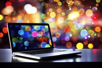 Wall Mural - Sleek and modern laptop with vibrant abstract bokeh background resting on a stylish desk
