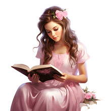 Woman In Pink Reading A Book, Isolated Clipart, Book Scrapping