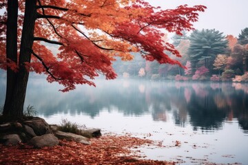 Wall Mural - Serene lake surrounded by autumn foliage