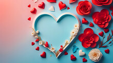 Love Romantic Valentine's Day Wallpaper With A Blue And Pink Gradient Featuring A White And Pink Heart With White Flowers In The Center Surrounded By Red Hearts And Roses