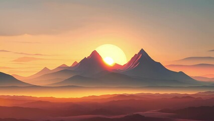 Wall Mural - Minimal animation of a mountain landscape, with the sun rising and setting in a continuous loop.