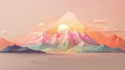 Wall Mural - Minimal illustration of a geometric mountain landscape with a rising sun and pastel colors.