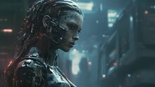 A Cybernetic Female Warrior With Cybernetic Limbs Modified For Combat Surrounded By Computer Terminals In A Large Arena. Cyberpunk Ar