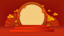 Product Showcase Decoration Design For Chinese New Year. Cylindrical Podium Display Or Showcase Mockup For Products With Dragon Decoration, Lanterns And Red Background. Chinese New Year Sale Promotion