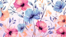Seamless Pattern Of Flowers With Pink Blue And Orange Background. Pink Flowers Background. Vector Illustration Of Watercolor Textured Abstract Art Textile Flower Design