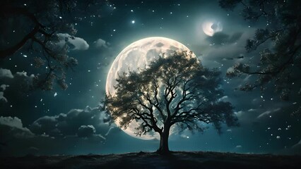 Wall Mural - Dreamy depiction of a full moon surrounded by stars, with a few silhouetted trees in the foreground.
