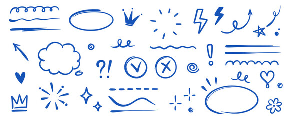 Wall Mural - hand drawn blue highlight, text underline, emphasis mark, line shape set. hand drawn scribble arrow,