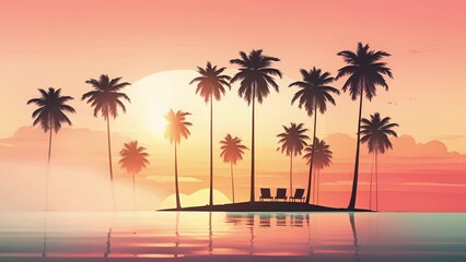 Wall Mural - Minimal illustration of a tropical vacation, featuring palm trees silhouetted against a gradient sunset sky.