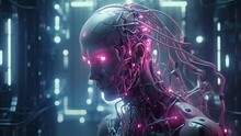 An Android With Its Translucent Skull Open Revealing A Glowing Abstract Data Farm Of Circuitry And Wires. Cyberpunk Ar