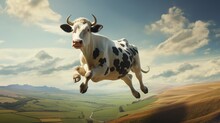 A 3D Cow In A Dynamic Pose Against A Backdrop Of Rolling Hills, Showcasing Its Strength And Grace