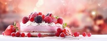 Cake And Dessert With Fresh Berries And Cream In The Style Of Light Pink And Crimson, Bokeh Panorama