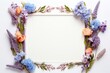 frame with colorful flowers on a white background, in the style of light sky-blue and light purple flat lay background. greeting card for mothers day, valentine day copy space