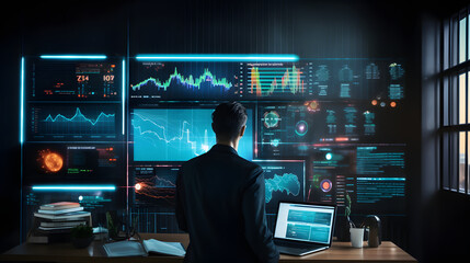 Poster -  Businessman or data scientist working on laptop with business dashboard analytics chart metrics KPI to analyze the performance and create insign reports of business management. Data science concept

